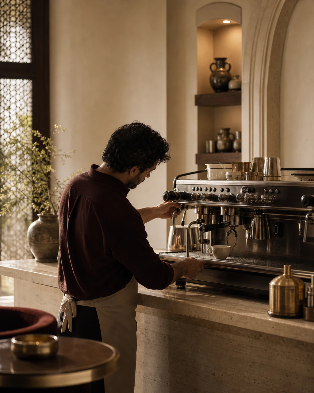 Barista bei der konzentrierten Zubereitung eines Espressos