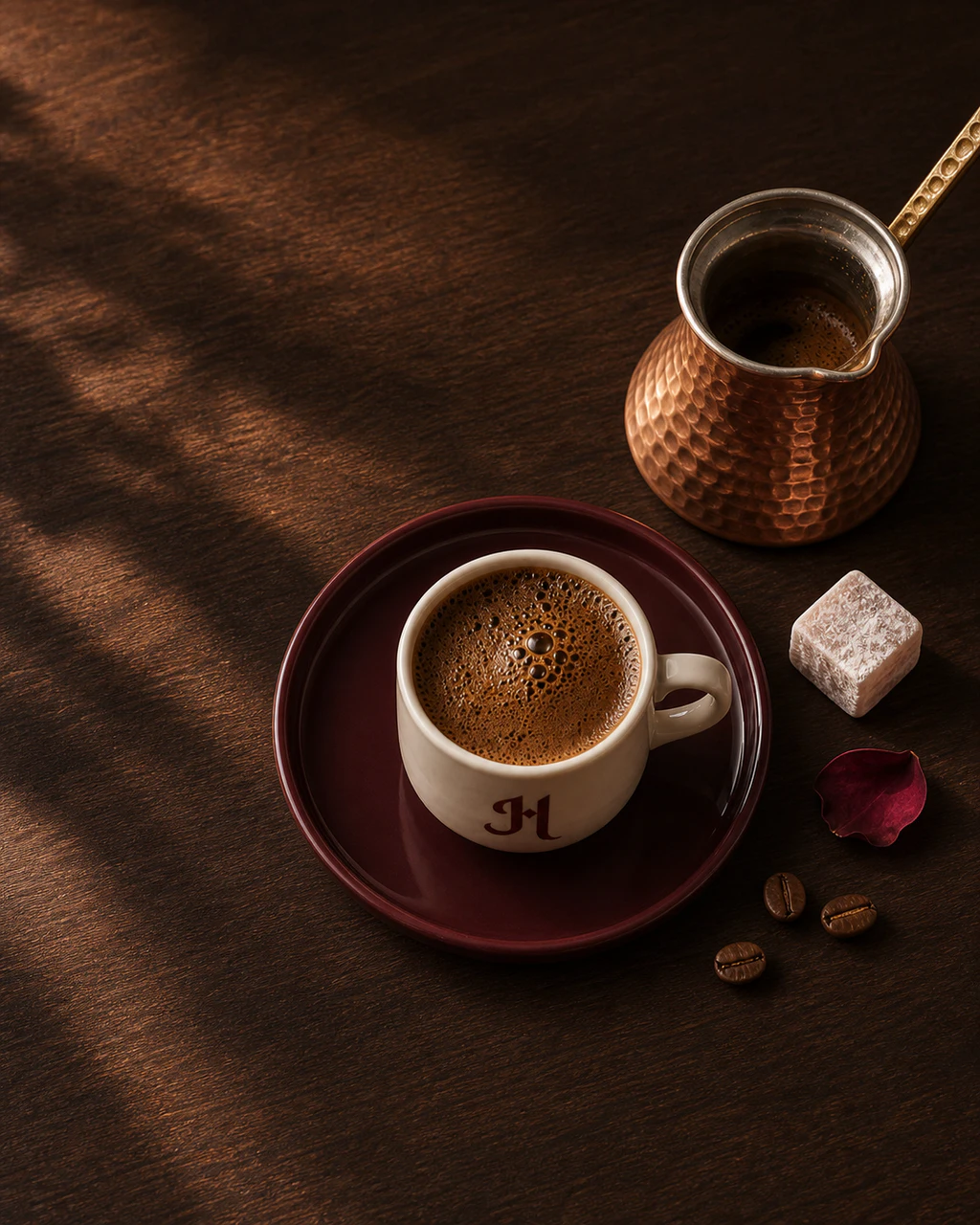 Kaffeeritual mit Kupferkanne und feinem Porzellan